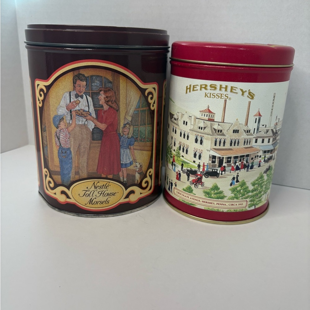 Vintage Tin Lot Of 2 - 1989 Nestle Toll House Morsels 1990 Hersheys Kisses Tins